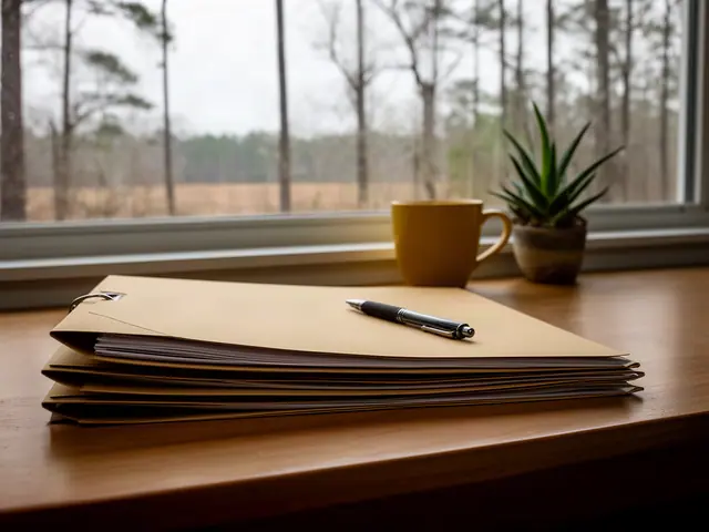 A neat stack of closed manila folders and a pen on a desk by a window.