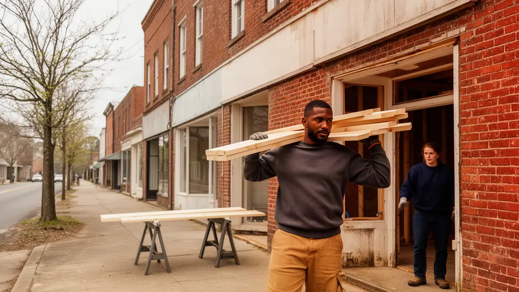 A builder carrying fresh lumber across a brick main-street sidewalk to a storefront being renovated.
