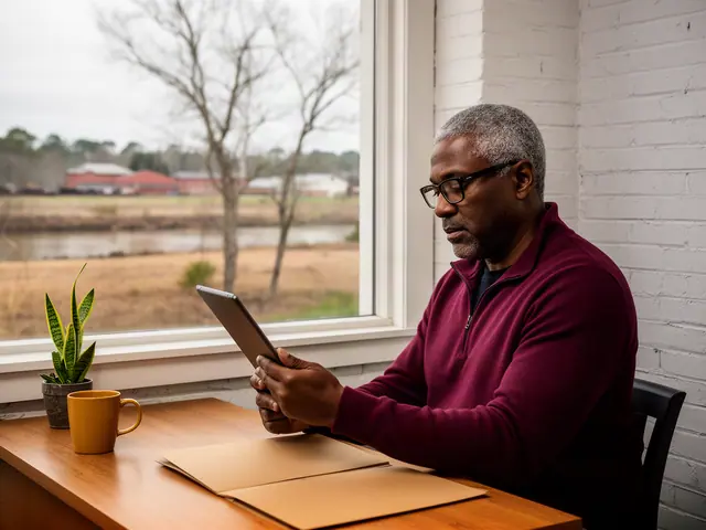 A man with short gray hair and black-framed glasses reviewing a tablet at a desk in a small back office.