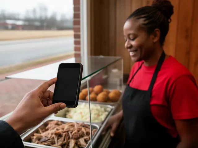 A customer taps a card on a counter terminal at a small barbecue restaurant takeout window.